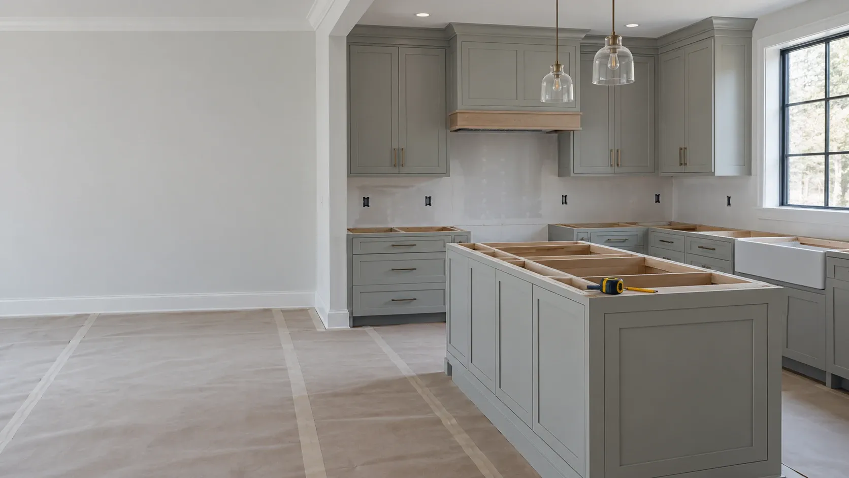 Kitchen remodel in progress: sage shaker cabinets and island installed, countertops not yet fitted, a tape measure on the open island frame and paper protecting the floor